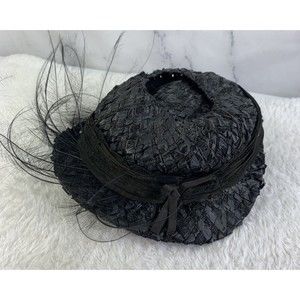 1950s Noreen Fashions Womens Hat Black woven straw Headwear Vintage feather